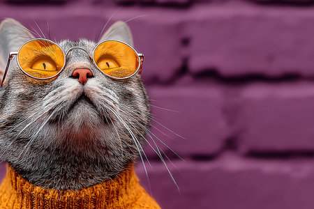 A stylish cat sporting bright yellow sunglasses against a vivid purple brick wall evokes a playful and trendy atmosphere. the grey feline's mustard-colored sweater adds to the colorful, urban fashion theme, capturing a unique and contemporary pet portrait. Generative AIの素材