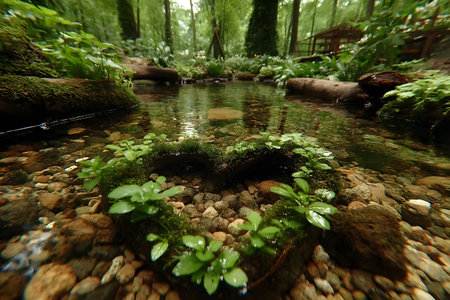 A tranquil forest stream featuring a heart-shaped mossy arrangement on stones, surrounded by lush greenery. serene woodland environment ideal for nature-inspired designs, cards, or calming decor themes. Generative AIの素材