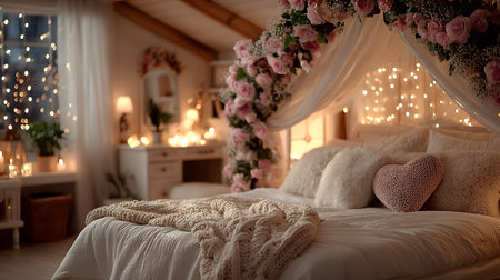 Romantic bedroom featuring a bed with a floral canopy adorned with pink roses and sheer fabric. soft, warm lighting and candlelit accents create a cozy, inviting atmosphere. furnished with plush pillows, a knitted blanket, and elegant furniture. Generative AIの素材