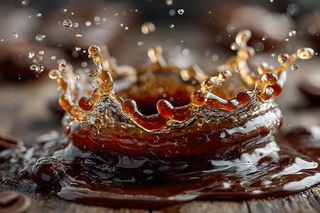 Dynamic splash of coffee, capturing motion with intricate droplets for a vibrant and energetic visual. perfect for themes of refreshment and coffee culture in advertising or branding projects. Generative AIの素材