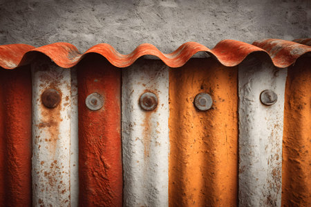 Weathered corrugated metal roof sections display a mix of rusty reds, earthy whites, and oranges, creating a rich texture against a concrete backdrop. ideal for projects emphasizing urban decay or industrial aesthetics. Generative AIの素材