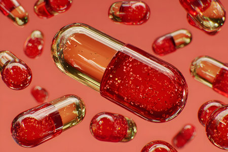 Transparent capsules filled with red liquid and gold particles float against a warm orange backdrop. the image showcases modern pharmaceutical design, innovation in medicine and health-focused aesthetics. Generative AIの素材