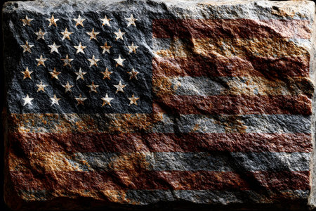 American flag design blending with a rugged stone texture, showcasing a rustic and patriotic theme. ideal for design projects, posters, or decorative purposes with a focus on national pride and heritage. Generative AIの素材