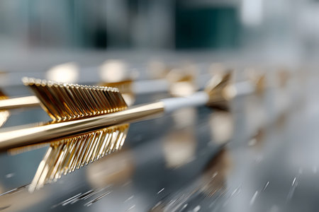 Golden arrows placed on a sleek reflective surface create a modern and abstract visual appeal. the close-up perspective highlights the intricate details and elegant design, offering a stylish touch for contemporary decor or graphic design projects. Generative AIの素材