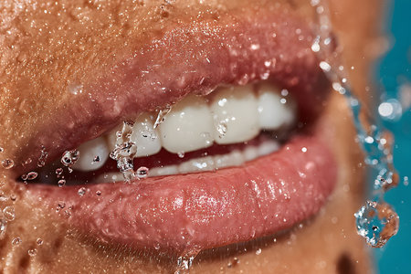 Close-up of a person's wet lips with water droplets, emphasizing freshness and hydration. this image is ideal for skincare, beauty, or summer-themed designs, the concept of rejuvenation and moisture. Generative AIの素材