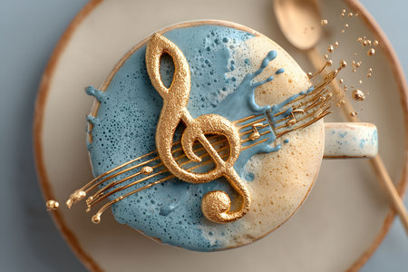 A latte features intricate music-themed art with a gold treble clef and musical notes. the blend of blue and beige foam complements the elegant gold accents, creating a visual fusion of art and coffee. Generative AIの素材