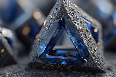 Intricately designed blue gemstone pyramid featuring textured metallic surfaces and golden accents. a captivating combination of geometry and sparkle, ideal for artistic projects or design inspiration. Generative AIの素材