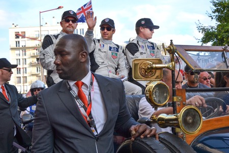 LE MANS, FRANCE - JUNE 13, 2014: Patrick Dempsey and his team on parade of pilots racing in Le Mans, France.のeditorial素材