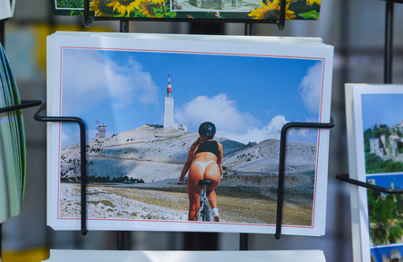 BEDOIN, FRANCE - AUGUST 1, 2016: Postcards souvenirs Cycling on Mont Ventoux, road to summit. Provence Franceのeditorial素材