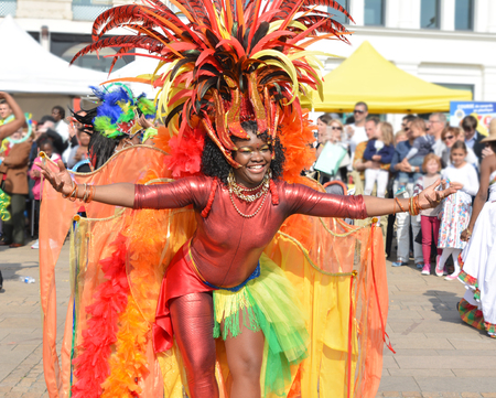 LE MANS, FRANCE - APRIL 22, 2017: Festival Evropa jazz A woman dancing in Caribbean costumes