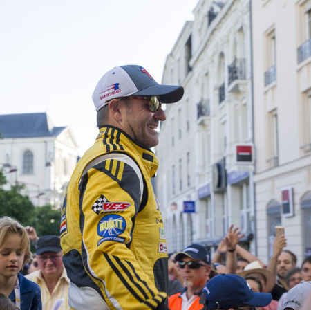 LE MANS, FRANCE - JUNE 16, 2017: Rubens Barrichello brazilian pilot racer with his team Dallara P217 Gibson 29 on a parade of pilots racing at Le mans, Franceのeditorial素材