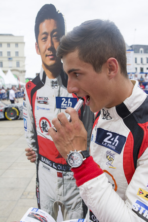 LE MANS, FRANCE - JUNE 16, 2017: Thomas Laurent french pilot with team of Jackie Chan DC racing Oreca 07-Gibson. Parade of pilots racing at Le mans, Franceのeditorial素材
