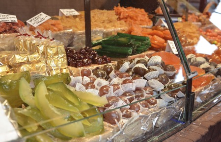 dry sweet fruit and candys sold on the marketの写真素材