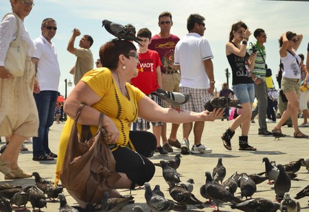 VENICE, ITALY- JUNE 30, 2011: Woman tourist holding pigeons in square San Marcoのeditorial素材