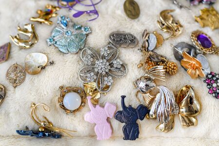 Vintage brooches sold at the flea market in France