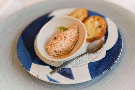 Salmon pate for an aperitif in a restaurantの写真素材