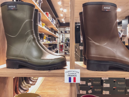INGRANDES, FRANCE - AUGUST 26, 2020: Well-known French brand AIGLE rubber boots in the store. Factory Store.のeditorial素材