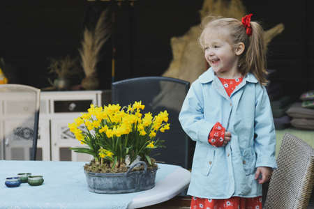 A girl in a dress near a pot of daffodilsの写真素材