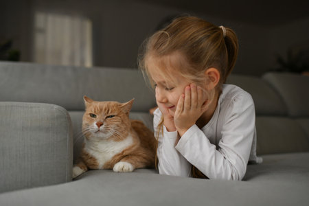 A girl near a ginger cat on the sofaの写真素材