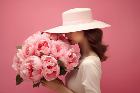 Woman smelling peonies on a pink backgroundの素材