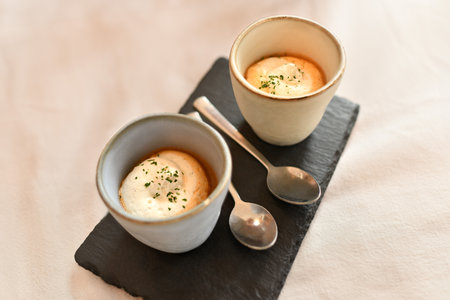 Shrimp mousse in a glass in a restaurantの写真素材