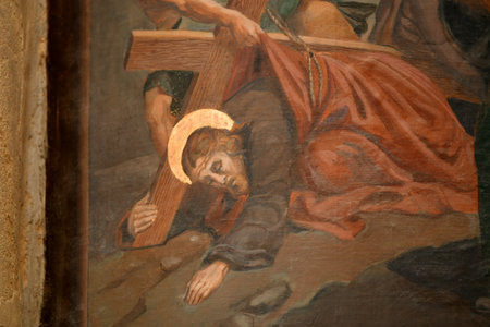 PARIS - FRANCE - 01 May 2022: A Jesus Christ carries the cross and fellのeditorial素材