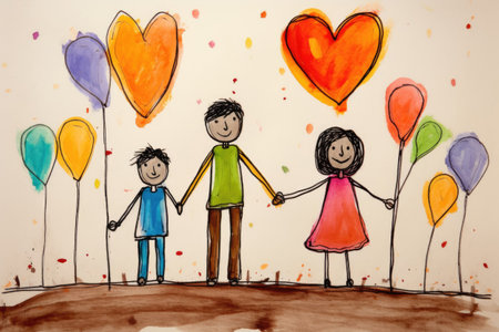 Family drawing and heart shaped balloon and holding handsの素材