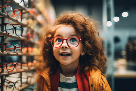 Girl trying on glasses in an eyewear storeの素材