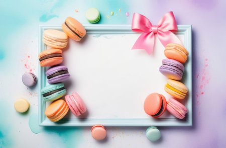 Birthday card with cake macarons with space for text in the middleの素材