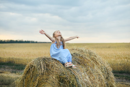 Girl in the wheat field on a barleyの写真素材