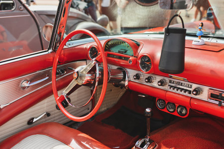 PARIS, FRANCE - MAY, 15, 2022: Leather interior of a red Ford Thunderbird 1956のeditorial素材