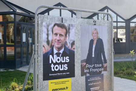 PARIS, FRANCE - APRIL 20, 2022 : The banners with candidates for President elections 2022のeditorial素材