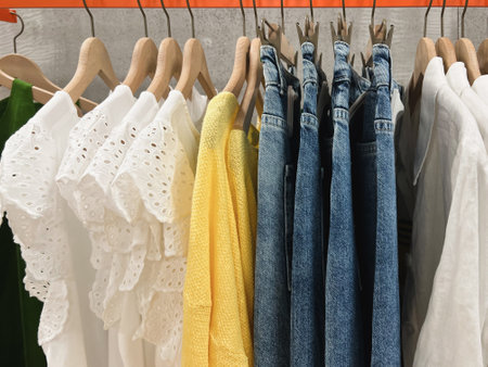 Blouses, sweaters, jeans hang on a hanger at the storeの写真素材
