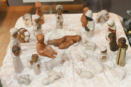 Ceramic figurines of Joseph Mary and Jesus Christmas crecheの写真素材