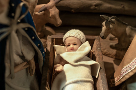 Baby Jesus laying in a cradle Christmas Crecheの写真素材