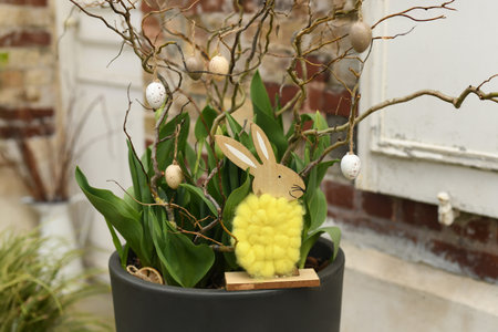 Decorations on branches hanging eggs and a yellow bunnyの写真素材
