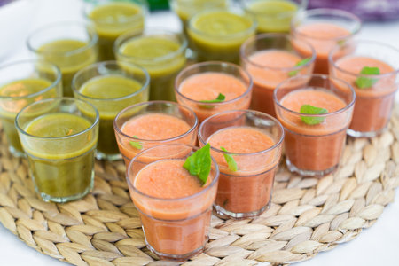 Assorted verrines with tomato and zucchini wedding starterの写真素材