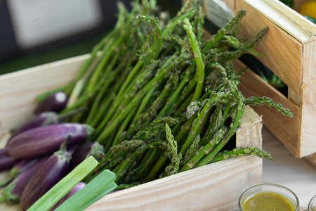 Fresh organic eco vegetables asparagus and verrines on a catering table for a wedding or birthdayの写真素材