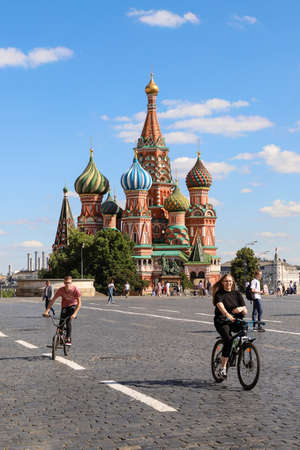 St. Basil's Cathedral on Red Square, people walk on a summer sunny day. Russia Moscow June 2020.のeditorial素材