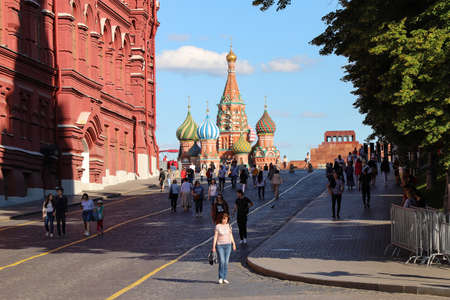 Kremlin passage with a view of St. Basil's Cathedral on Red Square in Moscow, summer day. Russia...