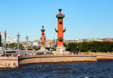 Saint Petersburg, the Arrow of Vasilievsky island with Rostral columns, Neva river, the summer day....