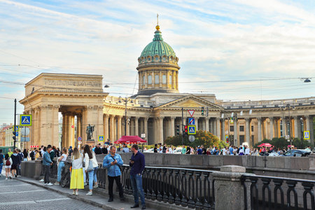 Saint Petersburg, Kazan Cathedral, people on the street, summer day. Russia, Saint Petersburg July 2020のeditorial素材