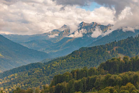 Forests in the mountains of the Caucasus turned yellow in places with the onset of autumn.の写真素材