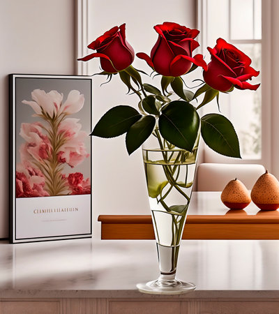 a bouquet, placed in a glass goblet, of three red roses stands on the tableの素材