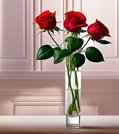 a bouquet, placed in a glass goblet, of three red roses stands on the tableの素材