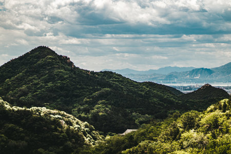 View of the mountains and the city from the top of the mountainの写真素材