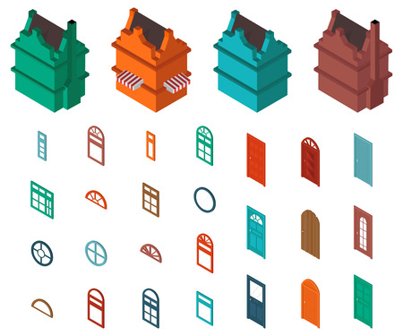isometric 3d set of do it yourself, building door windowのイラスト素材