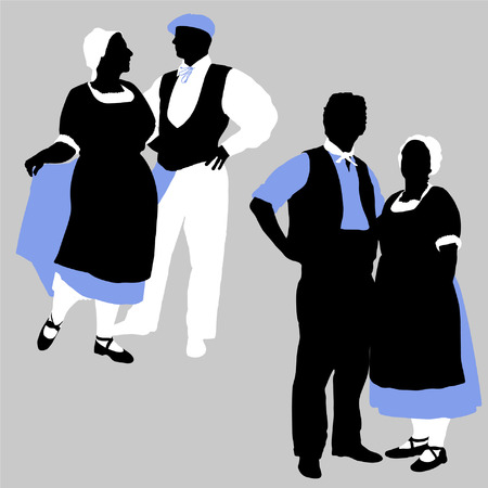 Vector silhouettes of couples in traditional French costumesのイラスト素材