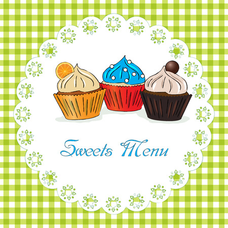 Sweets menu vector illustration with cupcakes on vichy fabric backgroundのイラスト素材