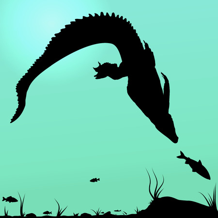 Silhouette of Hunting young Crocodile in underwaterのイラスト素材
